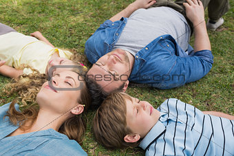 Family lying on grass with eyes closed at park
