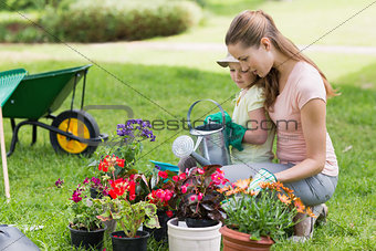Mother and daughter engaged in gardening