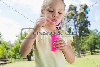 Girl blowing soap bubbles at park
