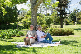 Smiling mature couple sitting against tree at park