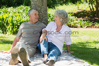 Mature couple sitting together against tree at park