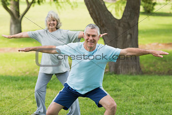 Smiling mature couple exercising at park