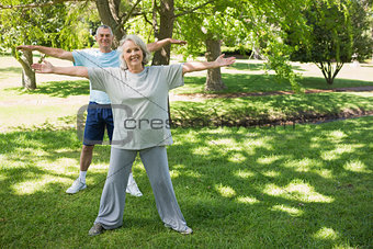Portrait of mature couple stretching hands at park