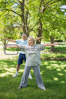 Mature couple stretching hands at park
