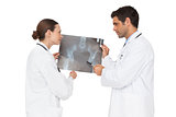 Two doctors analysing an xray together