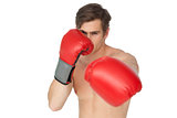 Tough man wearing red boxing gloves punching to camera
