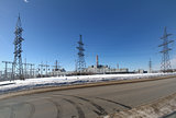 Nuclear power plant on the horizon line in winter