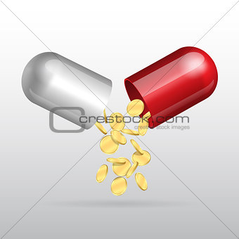 Golden coins pouring from an open medical capsule.