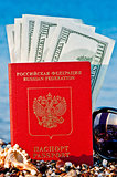 passport with dollars on the beach against the sea 