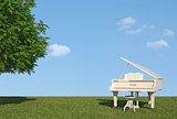 White grand piano on grass