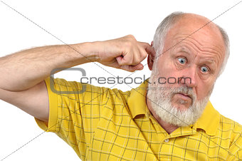 goofy bald senior man's picking his ear