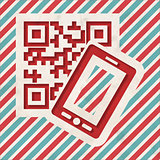 QR Code with Smartphone on Striped Background.