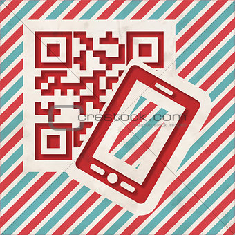 QR Code with Smartphone on Striped Background.