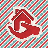 Home in Hand Icon on Striped Background.
