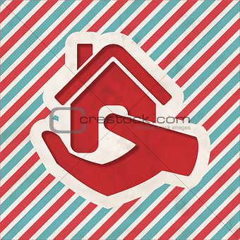 Home in Hand Icon on Striped Background.