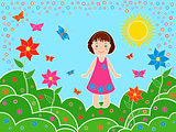 Small girl on the meadows in sunny summer day