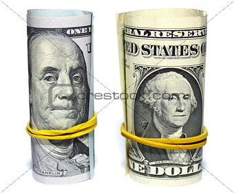 One hundred dollars and one dollar closeup on white background