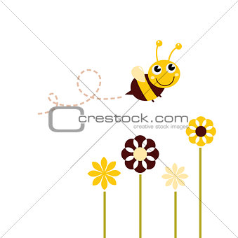 Cute flying Bee with flowers isolated on white