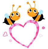 Cute flying Bees with pink love Heart isolated on white
