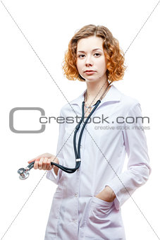 cute redhead doctor in lab coat with stethoscope