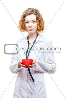 cute redhead doctor in lab coat with heart