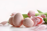 Pink tulips with water droplets and eggs