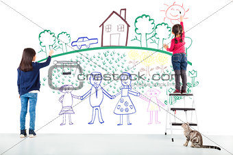 two kids drawing their dream on the white wall