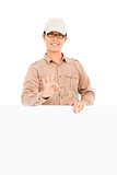delivery man make  ok gesture with white board