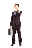 happy businessman holding briefcase and  thumb up 