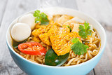 Close up spicy curry instant noodles