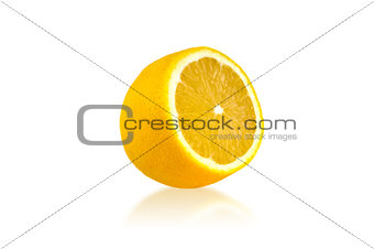 Lemon slice isolated on white background with mirror shadow