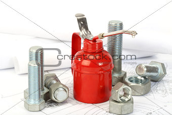 Red oiler,  bolts and nuts