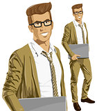 Vector Hipstar Man With Laptop in His Hands