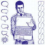 Sketch Businessman With Open Laptop In His Hands