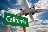 California Green Road Sign and Airplane Above