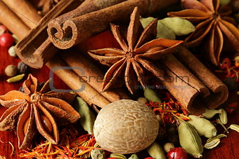 various spices (nutmeg, cinnamon, star anise, saffron, pepper, cardamom, fennel)