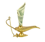 Dollar bill sticking out of magic lamp of Aladdin