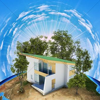 Earth planet image with house on surface