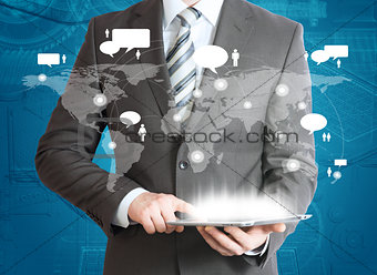 Man in suit, world map and contacts