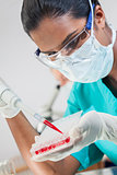Asian Female Scientist With Blood Sample In Laboratory