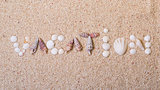Title "vacation" from sea shells with coral sand