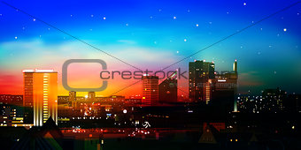 abstract nature background with city and red sunrise