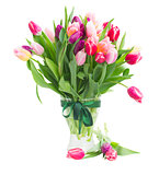 pink and violet tulips bouquet in vase
