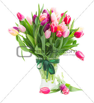 pink and violet tulips bouquet in vase