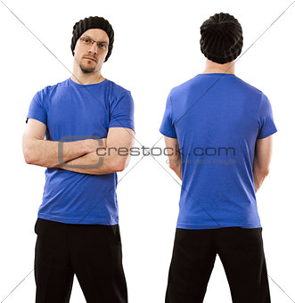 Man wearing blank blue shirt