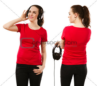 Woman wearing blank red shirt and headphones
