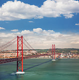 25th of April Suspension Bridge in Lisbon, Portugal, Eutopean tr