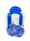 beautiful gift with blue ribbon and christmas balls isolated on 