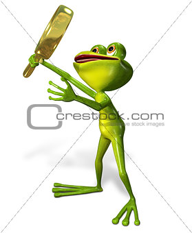 green frog with magnifying