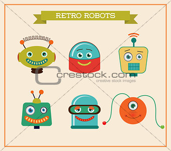 Set of retro vintage robots heads. Vector Illustration